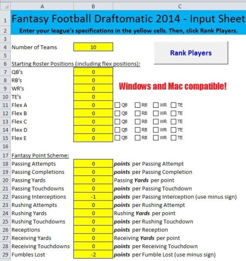 fantasy football, Microsoft Excel, spreadsheet, Value Based Drafting, VBD, cheat sheet, NFL